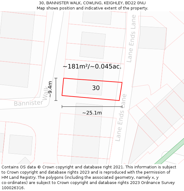 30, BANNISTER WALK, COWLING, KEIGHLEY, BD22 0NU: Plot and title map