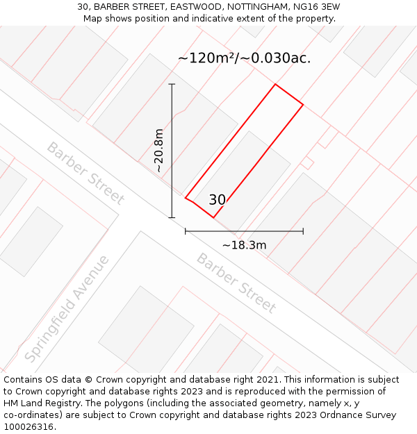 30, BARBER STREET, EASTWOOD, NOTTINGHAM, NG16 3EW: Plot and title map