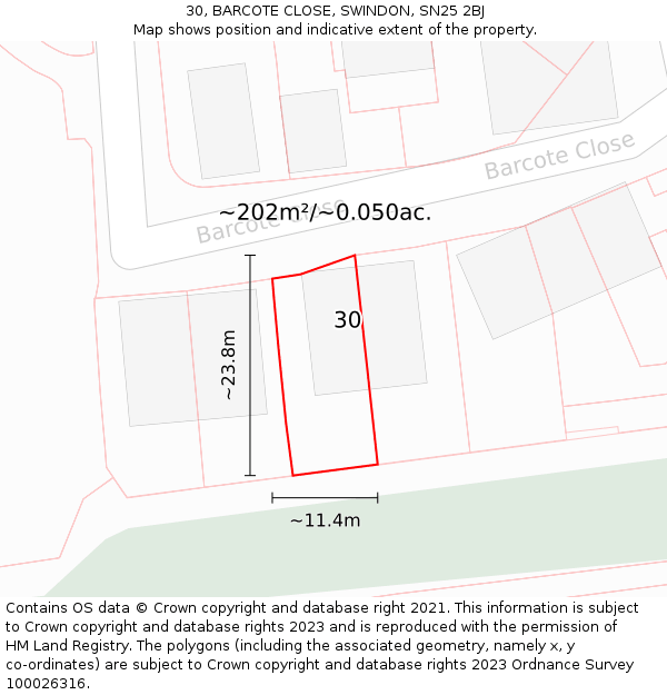 30, BARCOTE CLOSE, SWINDON, SN25 2BJ: Plot and title map