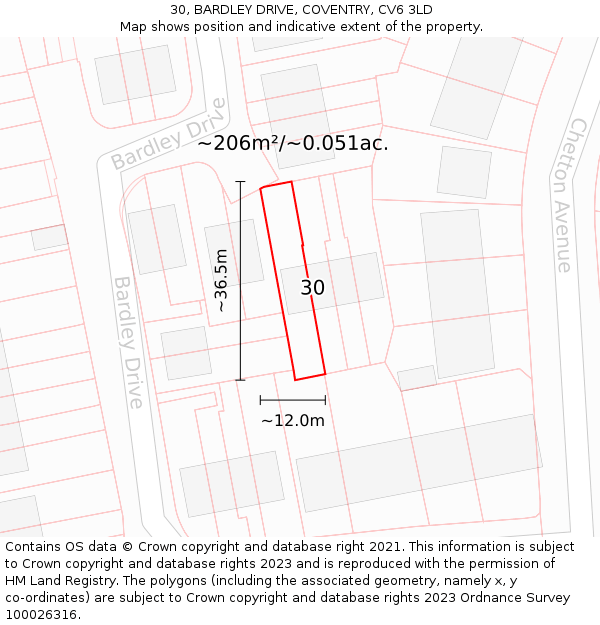 30, BARDLEY DRIVE, COVENTRY, CV6 3LD: Plot and title map
