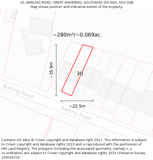 30, BARLING ROAD, GREAT WAKERING, SOUTHEND-ON-SEA, SS3 0QB: Plot and title map