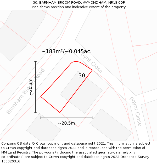 30, BARNHAM BROOM ROAD, WYMONDHAM, NR18 0DF: Plot and title map