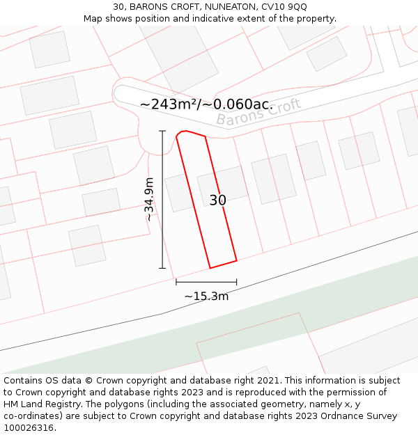 30, BARONS CROFT, NUNEATON, CV10 9QQ: Plot and title map