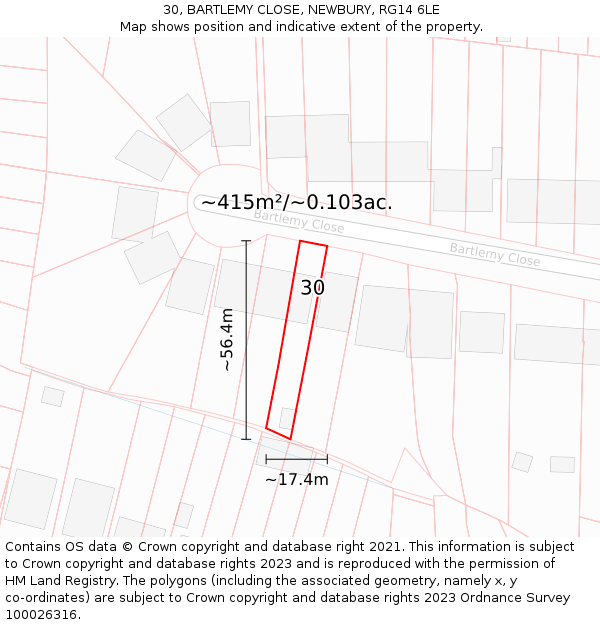 30, BARTLEMY CLOSE, NEWBURY, RG14 6LE: Plot and title map