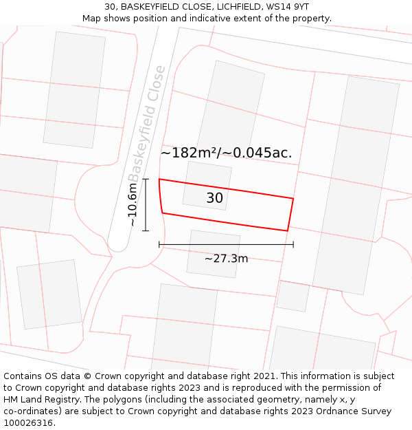 30, BASKEYFIELD CLOSE, LICHFIELD, WS14 9YT: Plot and title map