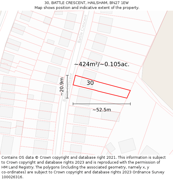 30, BATTLE CRESCENT, HAILSHAM, BN27 1EW: Plot and title map