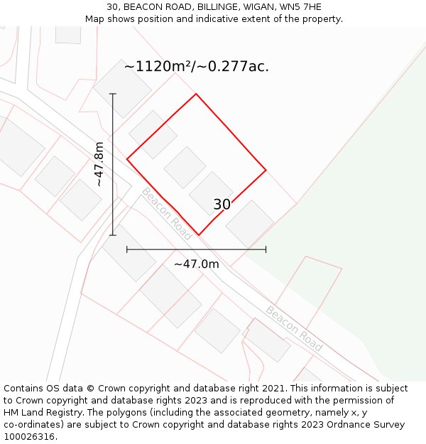 30, BEACON ROAD, BILLINGE, WIGAN, WN5 7HE: Plot and title map