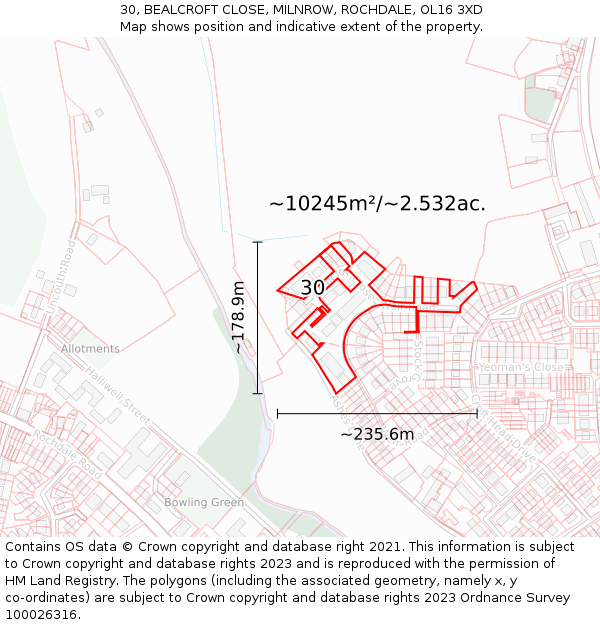 30, BEALCROFT CLOSE, MILNROW, ROCHDALE, OL16 3XD: Plot and title map