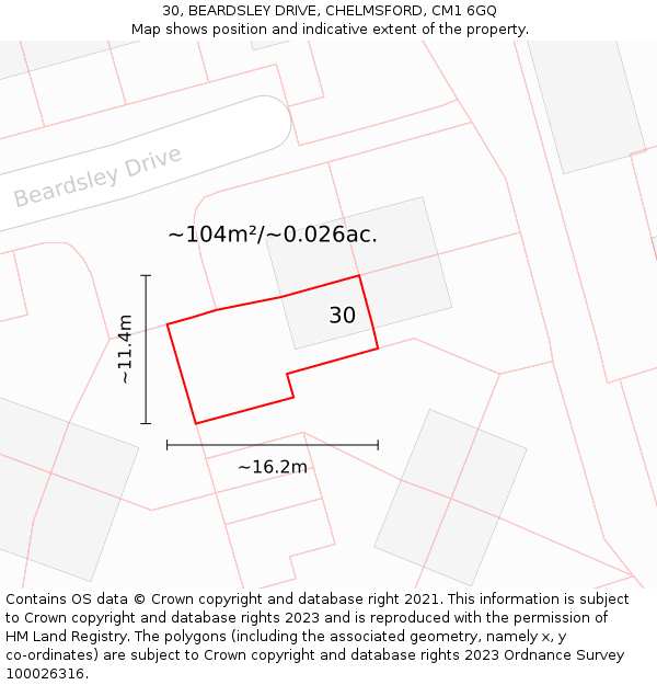 30, BEARDSLEY DRIVE, CHELMSFORD, CM1 6GQ: Plot and title map