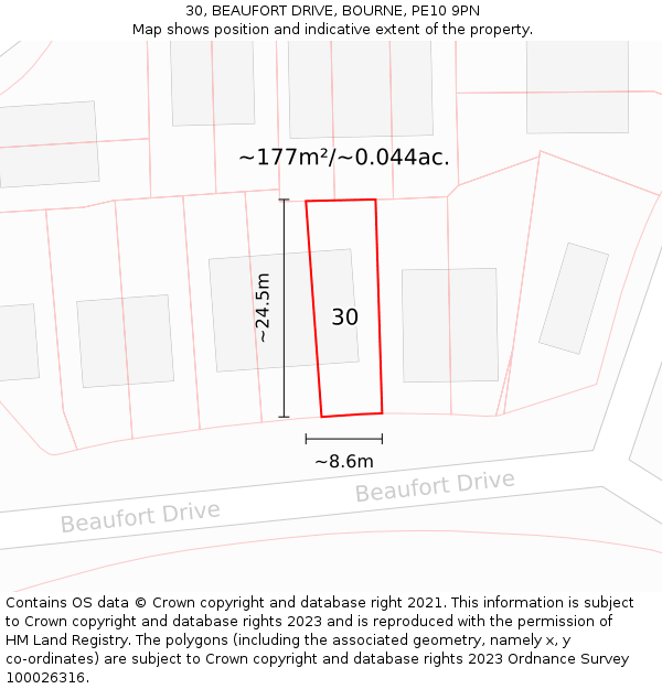30, BEAUFORT DRIVE, BOURNE, PE10 9PN: Plot and title map
