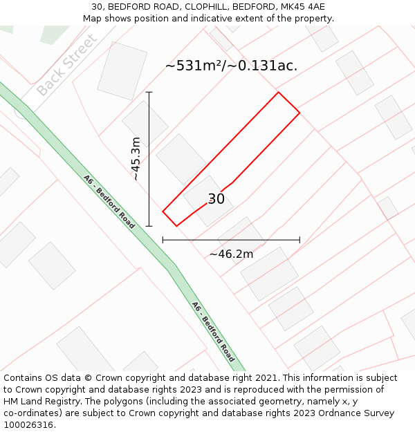 30, BEDFORD ROAD, CLOPHILL, BEDFORD, MK45 4AE: Plot and title map
