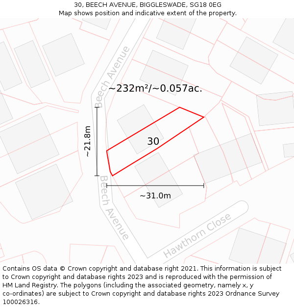 30, BEECH AVENUE, BIGGLESWADE, SG18 0EG: Plot and title map