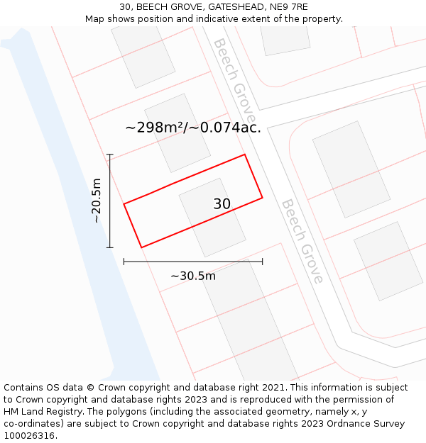 30, BEECH GROVE, GATESHEAD, NE9 7RE: Plot and title map