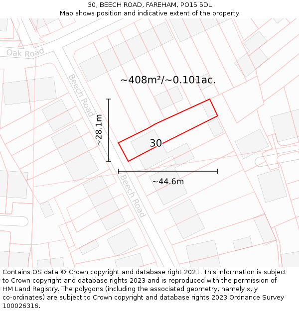30, BEECH ROAD, FAREHAM, PO15 5DL: Plot and title map