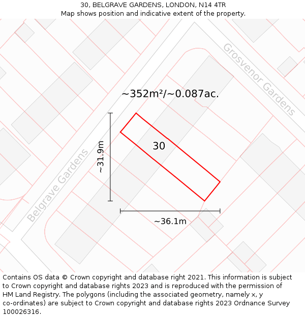 30, BELGRAVE GARDENS, LONDON, N14 4TR: Plot and title map