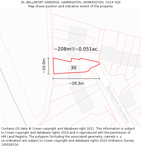 30, BELLAPORT GARDENS, HARRINGTON, WORKINGTON, CA14 5QX: Plot and title map