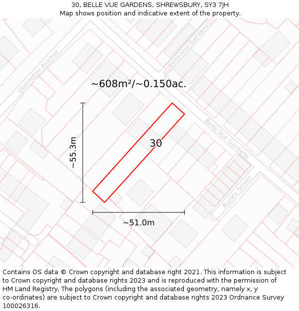 30, BELLE VUE GARDENS, SHREWSBURY, SY3 7JH: Plot and title map