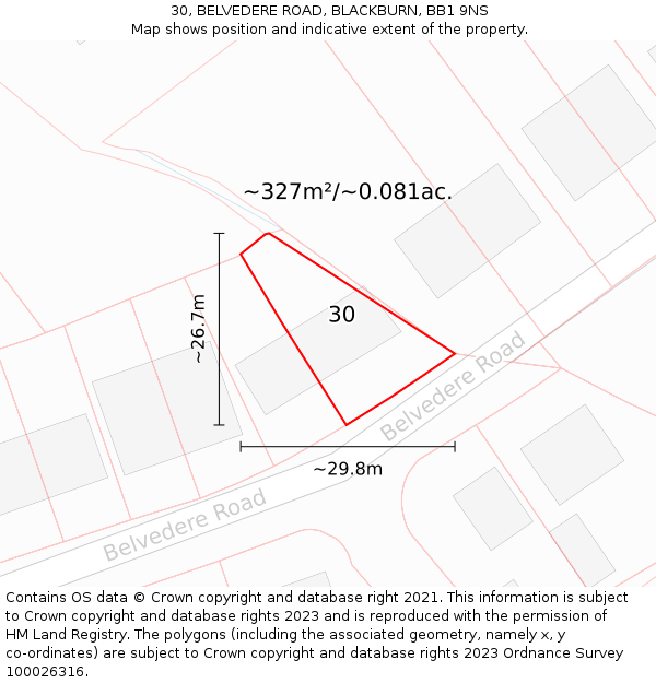 30, BELVEDERE ROAD, BLACKBURN, BB1 9NS: Plot and title map