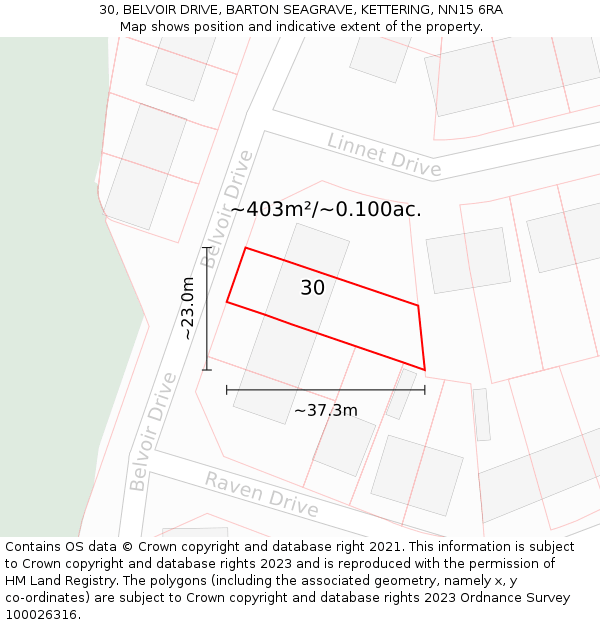 30, BELVOIR DRIVE, BARTON SEAGRAVE, KETTERING, NN15 6RA: Plot and title map