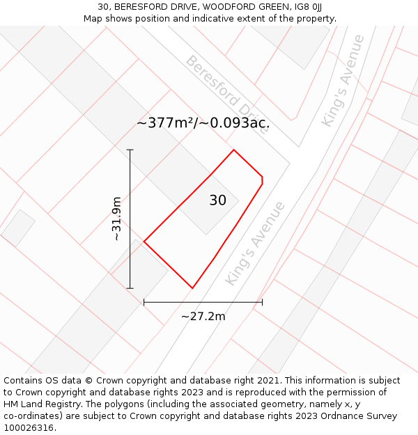 30, BERESFORD DRIVE, WOODFORD GREEN, IG8 0JJ: Plot and title map