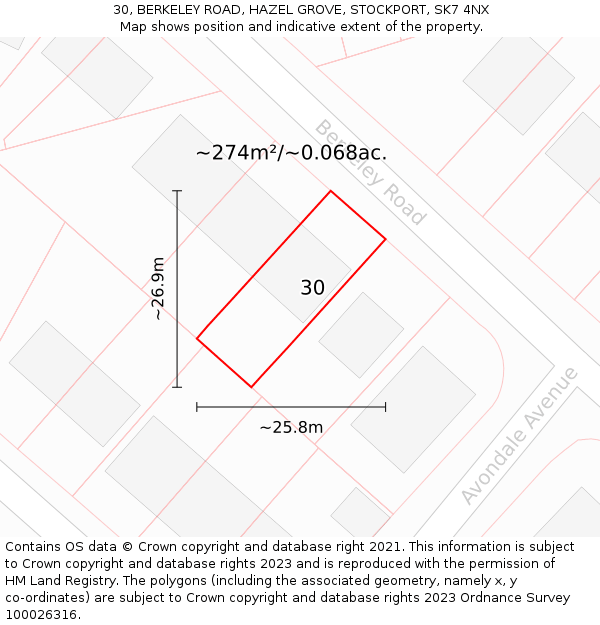 30, BERKELEY ROAD, HAZEL GROVE, STOCKPORT, SK7 4NX: Plot and title map