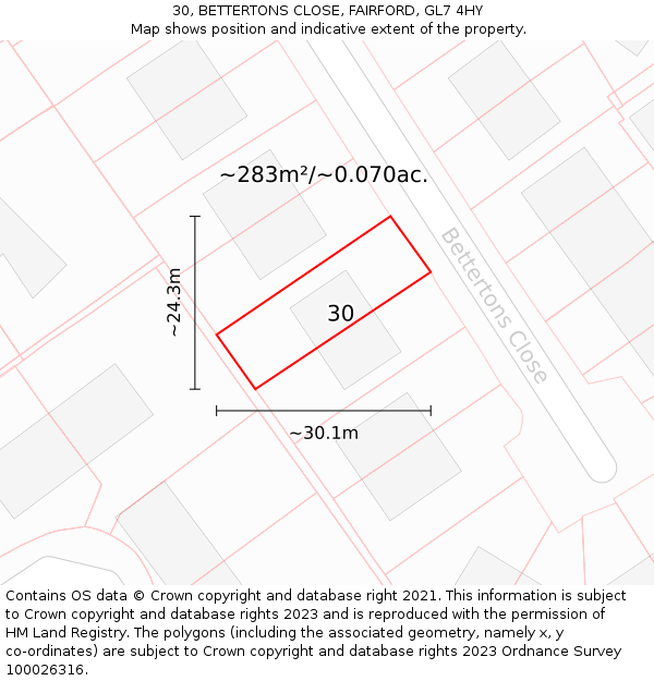 30, BETTERTONS CLOSE, FAIRFORD, GL7 4HY: Plot and title map