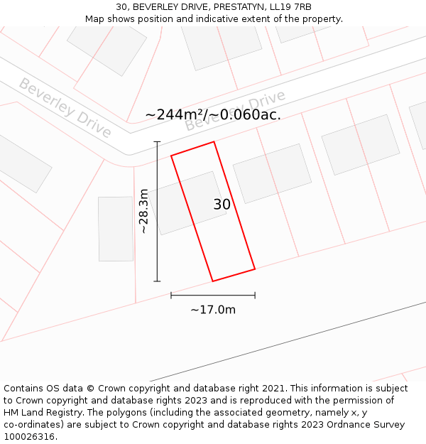 30, BEVERLEY DRIVE, PRESTATYN, LL19 7RB: Plot and title map