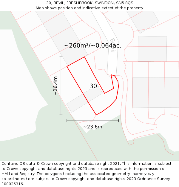 30, BEVIL, FRESHBROOK, SWINDON, SN5 8QS: Plot and title map