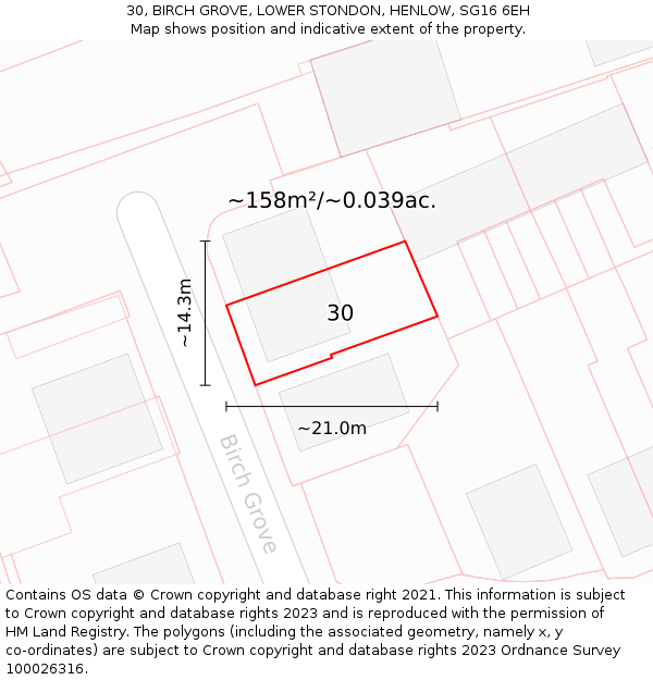 30, BIRCH GROVE, LOWER STONDON, HENLOW, SG16 6EH: Plot and title map