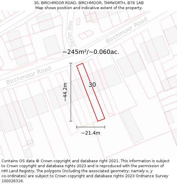 30, BIRCHMOOR ROAD, BIRCHMOOR, TAMWORTH, B78 1AB: Plot and title map