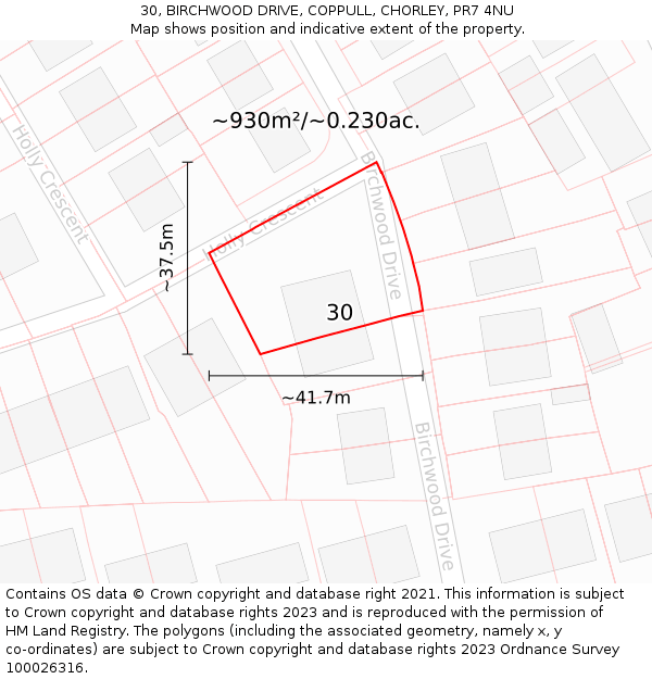 30, BIRCHWOOD DRIVE, COPPULL, CHORLEY, PR7 4NU: Plot and title map