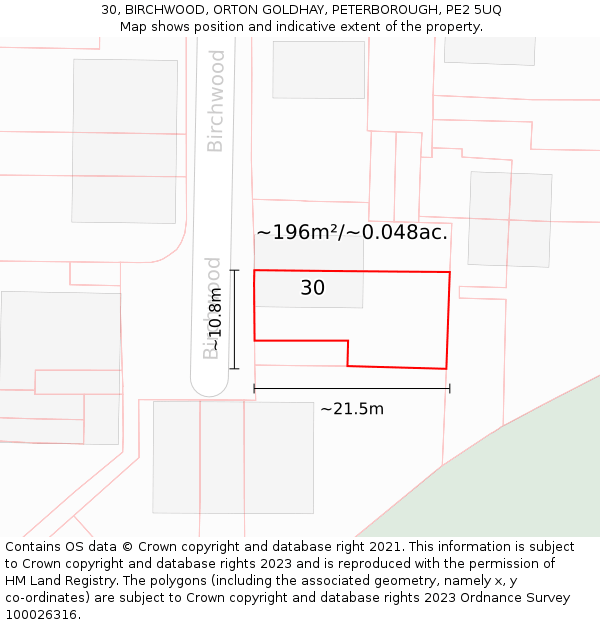 30, BIRCHWOOD, ORTON GOLDHAY, PETERBOROUGH, PE2 5UQ: Plot and title map