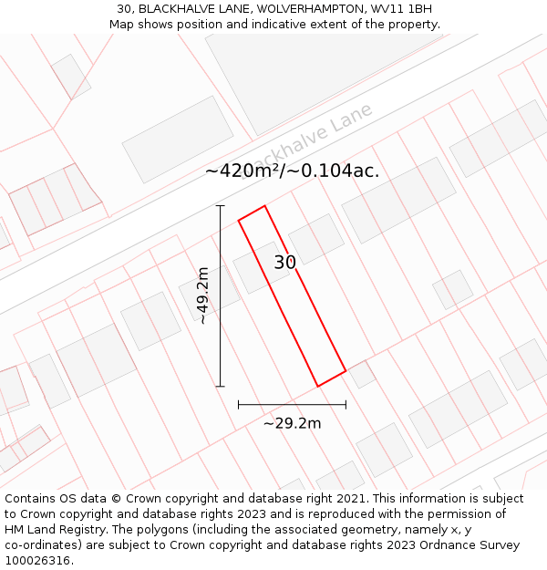 30, BLACKHALVE LANE, WOLVERHAMPTON, WV11 1BH: Plot and title map