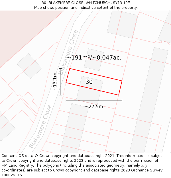 30, BLAKEMERE CLOSE, WHITCHURCH, SY13 1PE: Plot and title map