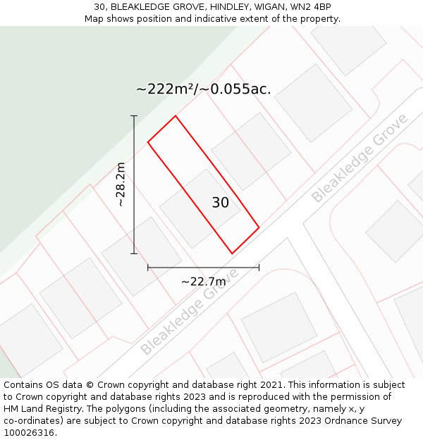 30, BLEAKLEDGE GROVE, HINDLEY, WIGAN, WN2 4BP: Plot and title map