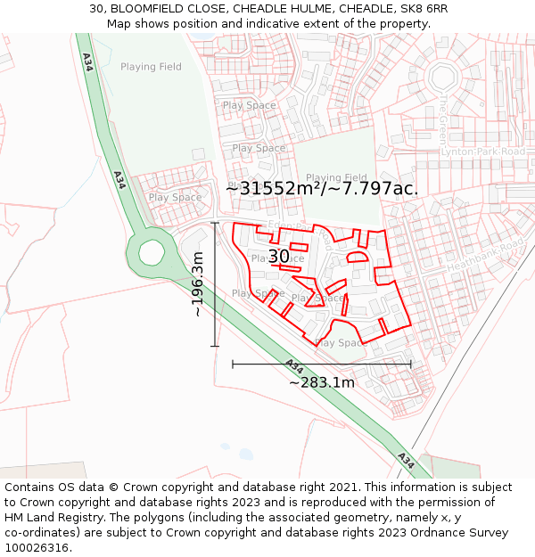 30, BLOOMFIELD CLOSE, CHEADLE HULME, CHEADLE, SK8 6RR: Plot and title map