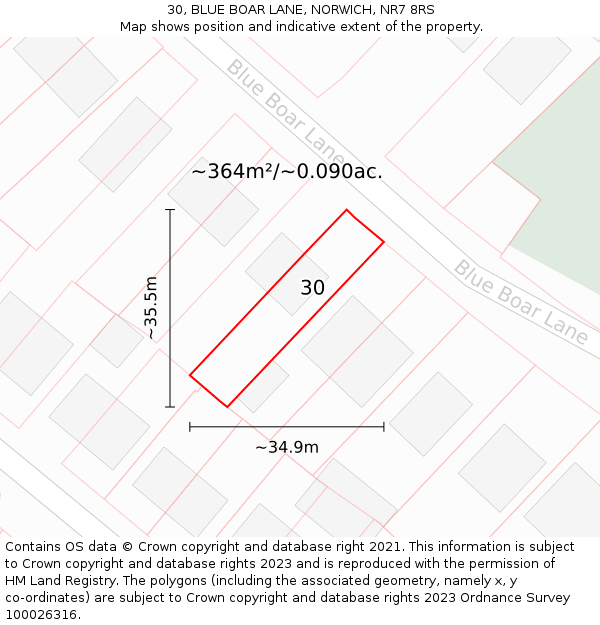 30, BLUE BOAR LANE, NORWICH, NR7 8RS: Plot and title map