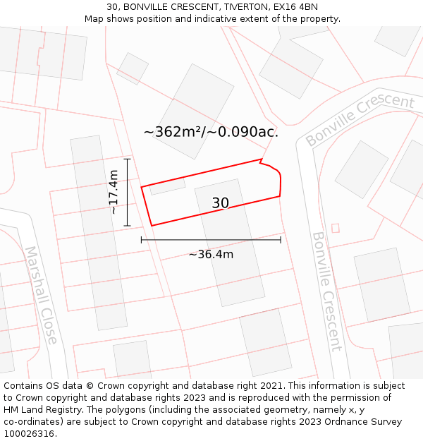 30, BONVILLE CRESCENT, TIVERTON, EX16 4BN: Plot and title map
