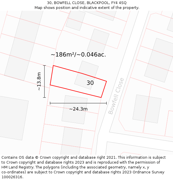 30, BOWFELL CLOSE, BLACKPOOL, FY4 4SQ: Plot and title map