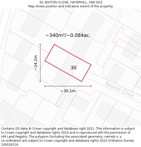 30, BOYTON CLOSE, HAVERHILL, CB9 0DZ: Plot and title map