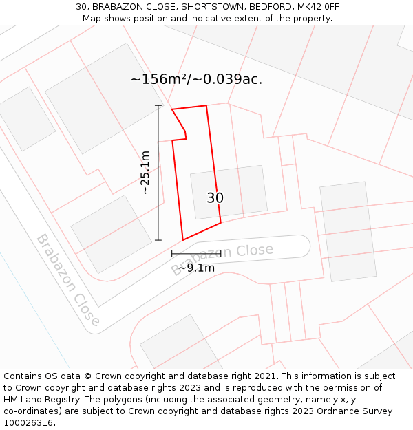 30, BRABAZON CLOSE, SHORTSTOWN, BEDFORD, MK42 0FF: Plot and title map