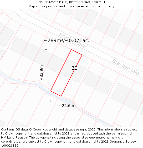 30, BRACKENDALE, POTTERS BAR, EN6 2LU: Plot and title map