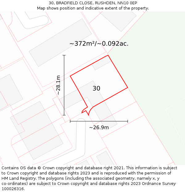 30, BRADFIELD CLOSE, RUSHDEN, NN10 0EP: Plot and title map
