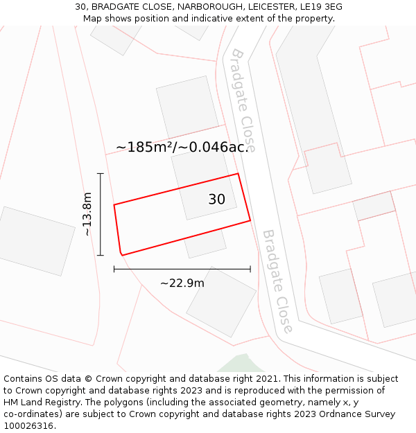 30, BRADGATE CLOSE, NARBOROUGH, LEICESTER, LE19 3EG: Plot and title map