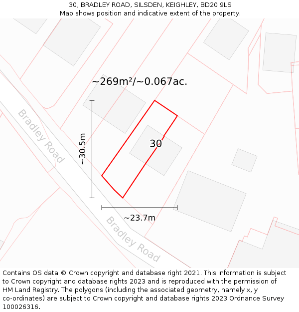 30, BRADLEY ROAD, SILSDEN, KEIGHLEY, BD20 9LS: Plot and title map