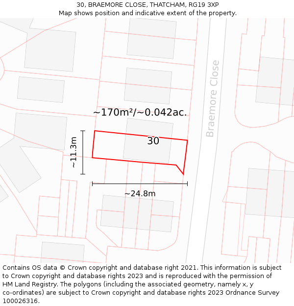 30, BRAEMORE CLOSE, THATCHAM, RG19 3XP: Plot and title map