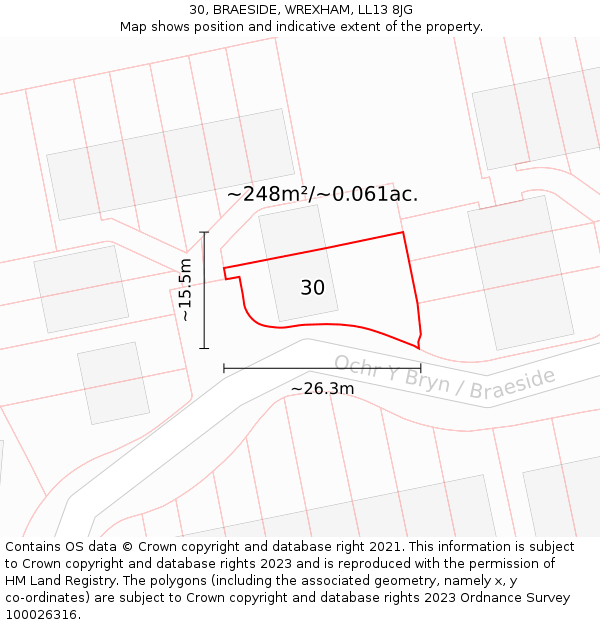 30, BRAESIDE, WREXHAM, LL13 8JG: Plot and title map