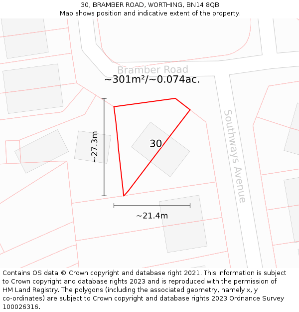30, BRAMBER ROAD, WORTHING, BN14 8QB: Plot and title map