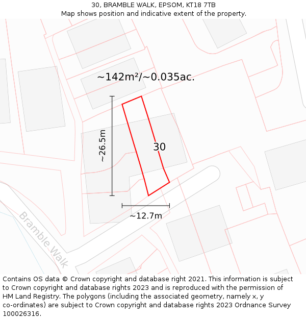30, BRAMBLE WALK, EPSOM, KT18 7TB: Plot and title map