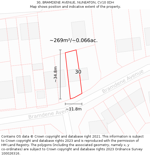 30, BRAMDENE AVENUE, NUNEATON, CV10 0DH: Plot and title map